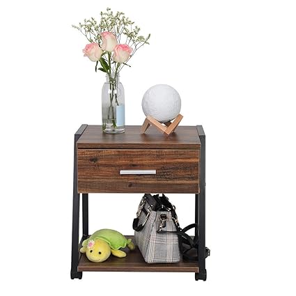 Bedside Table 2 Tier Wooden End Table Storage Shelf Drawer Side