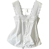 SweatyRocks Women's Lace Embroidery Bow Tie Ruffle Blouses Square Neck Button Sleeveless Summer Shirts