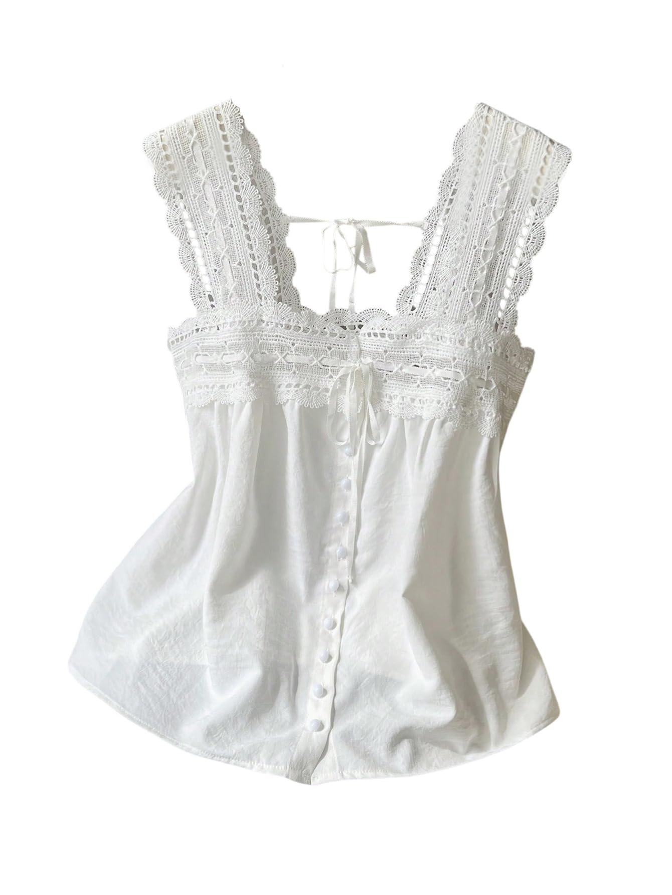 Photo 1 of SweatyRocks Women's Lace Embroidery Bow Tie Ruffle Blouses Square Neck Button Sleeveless Summer Shirts White Large