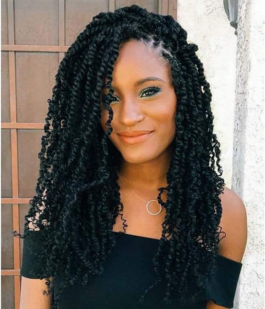 ZigZag Hair Bomb Twist Crochet Hair Glueless Lace Front Wig for Black Women with Baby Hair Spring Twist Hair Prelooped Crochet Braids Mini Twist Synthetic Wigs Dreadlocks Braiding Hair (18 Inch, 1B)