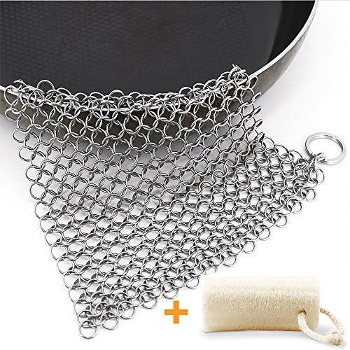 Cast Iron Cleaner, Danlit 8"x6" Chainmail Scrubber 316L stainless steel&amp;Natural Loofah for Cast Iron Cookware, Skillets, Pots, Pans, Griddles, BBQ Grills, Waffle Maker, Glassware, Pyrex, Casseroles