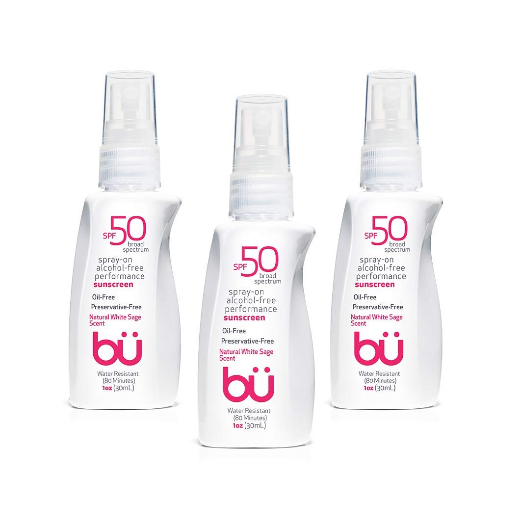 Sunscreen Spray SPF 50 by Bu Value Pack - Travel Size Organic Biodegradable Sun Block for Sensitive Skin - Oil-Free, Alcohol-Free, Non Comedogenic, Water-Resistant (White Sage, 1 Ounce - 3 Pack)