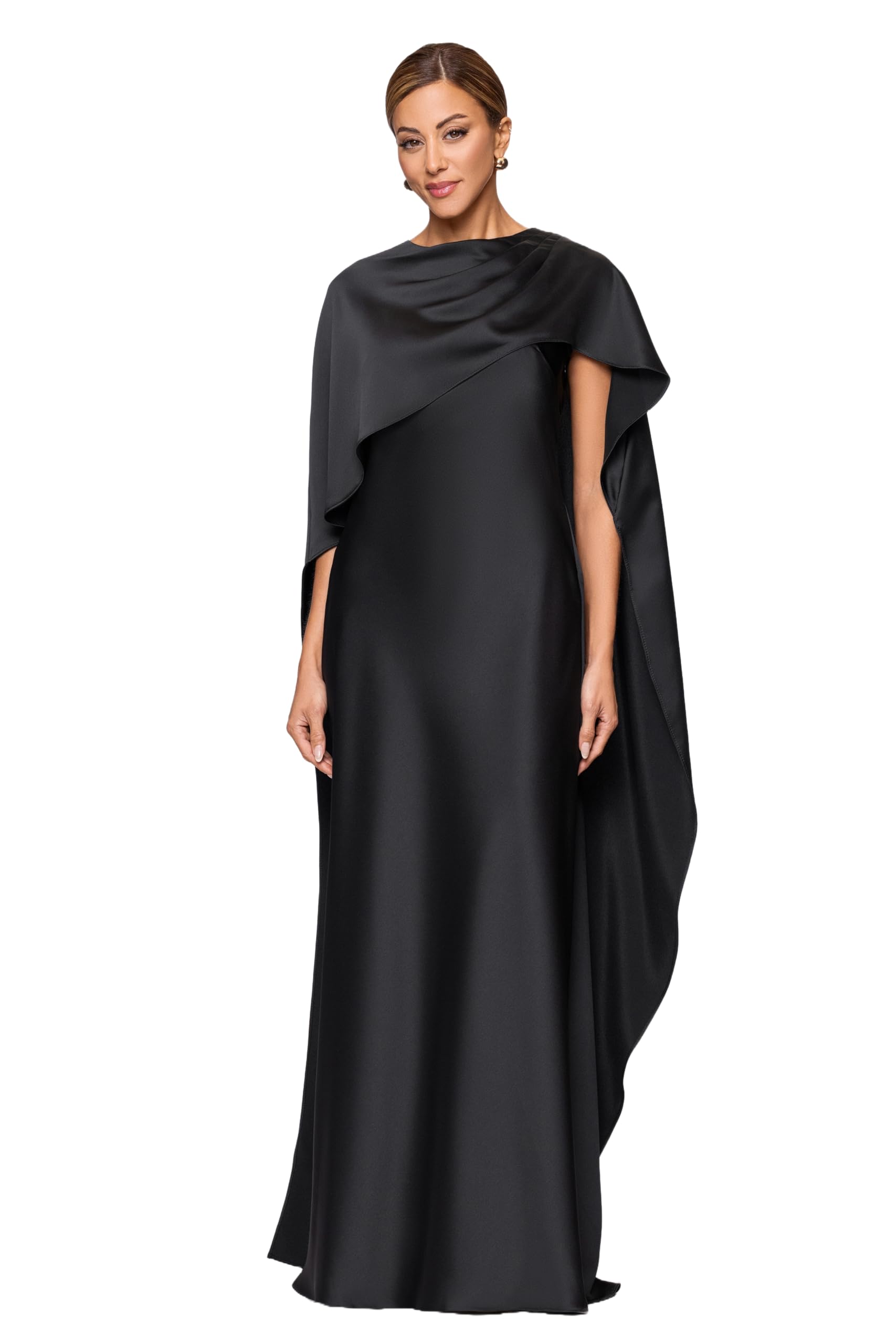 Photo 1 of Xscape Women's Satin Boat Neck Cape Overlay Floor Length Dress, Black, 16