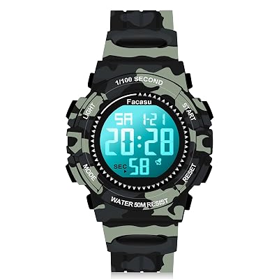 Facasu Camo Sports Watch for Boys-50M Waterproof Kids Teen Boys Digital Watch with Alarm&Snooze,Stopwatch Military Design Silicone Band Gift for Boys-8+ Years Old(Camo Black)