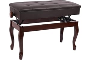 AKVOMBI Adjustable Duet Piano Bench with Storage, Curved Legs Piano Stool Bench, Keyboard Duet Benches, Padded Cushion Seat, Solid Sturdy Wooden Legs, Brown