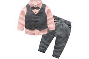 KIMOCAT Boys 3Pcs Clothing Sets Cotton Long Sleeve Bowtie Shirts +Vest +Pants Casual Suit