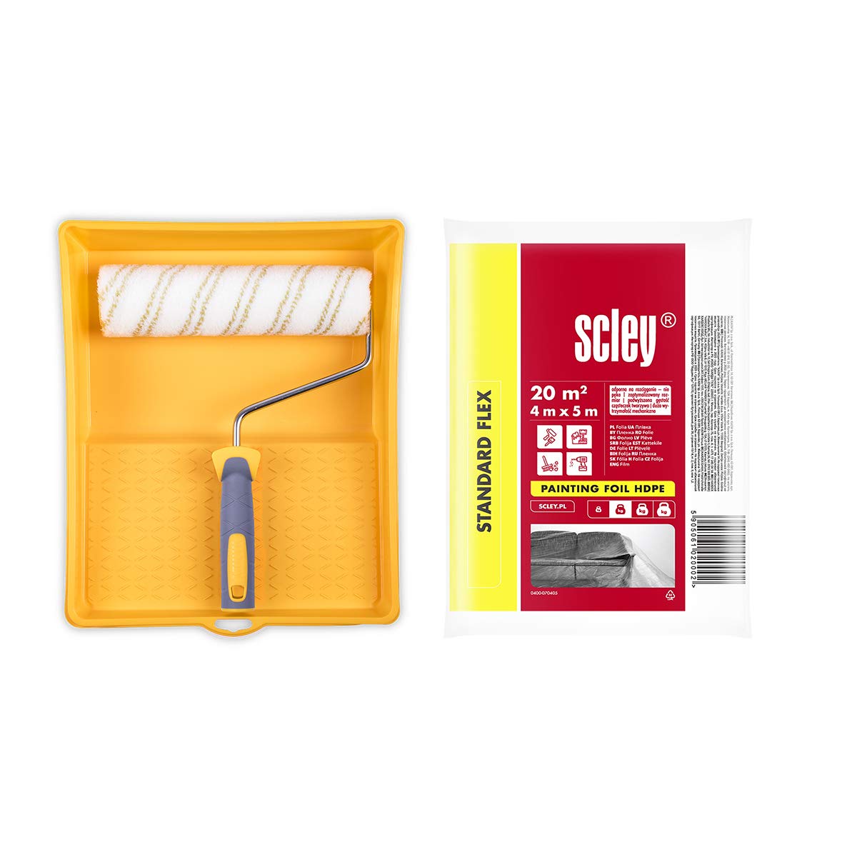 HARDY WORKING TOOLS A0180-514000 Painter's Set, Paint Roller, Paint Tray, Protective Film and Paint Rollers, Polyester Pile Height 12 mm, Length 25 cm, Diameter 48 mm, White/Yellow/Grey