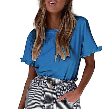 Darringls Damen T-Shirt Kurzarm Basic Tee mit Allover-Minimal Print Lose Stretch Sommer Oberteil Tops Rüschen einfarbig Oansa