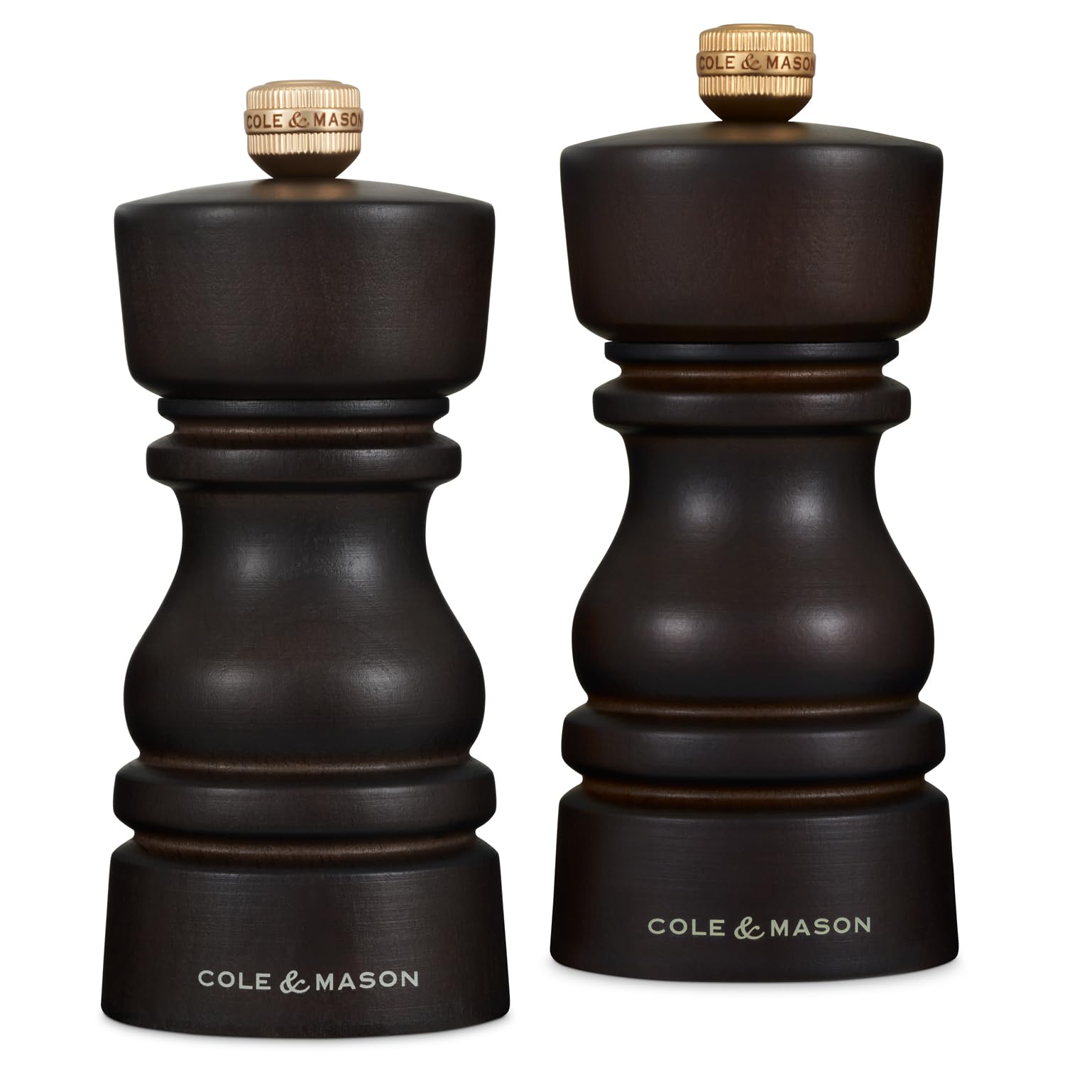 Cole & Mason London Chocolate Wood Salt and Pepper Mill Set, 130mm, Precision+ Carbon/Ceramic Mechanisms, Salt and Pepper Grinders with Adjustable Grind, Beech Wood, Gift Set