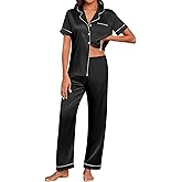 Ekouaer Womens Silk Pajama Sets Silky Short Sleeve Pjs 2 Piece Silk Button Down Pajamas Soft Satin Pj Pants Set