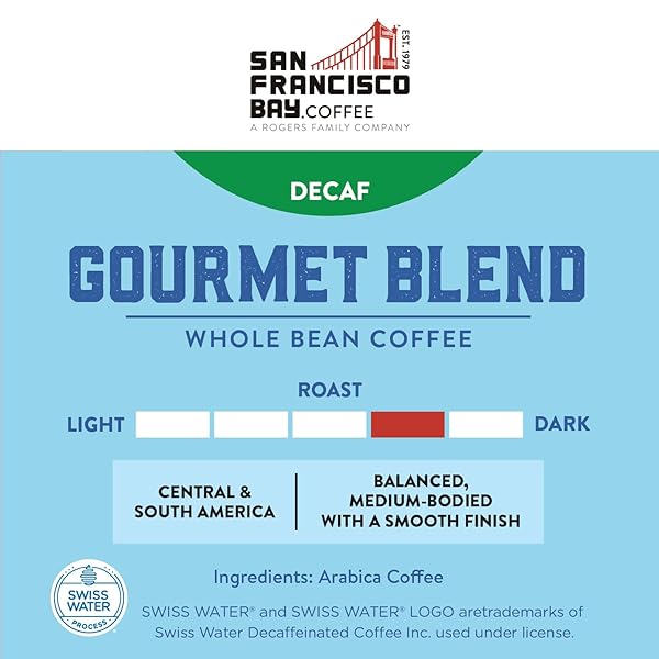 SAN FRANCISCO BAY COFFEE – DECAF MEDIUM-DARK ROAST WHOLE BEAN COFFEE – DECAF GOURMET BLEND (2 LB BAG) – SWISS WATER PROCESSED