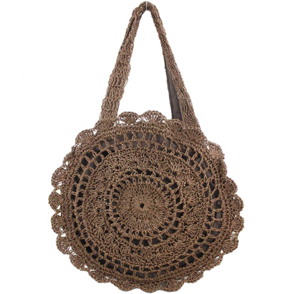 FiveloveTwo Womens Ladies Lightweight Handmade Handbag Large Crochet Shoulder Summer Bag Straw Beach Shopper Clutch Top Handle Tote Bags and Purse Dark Brown