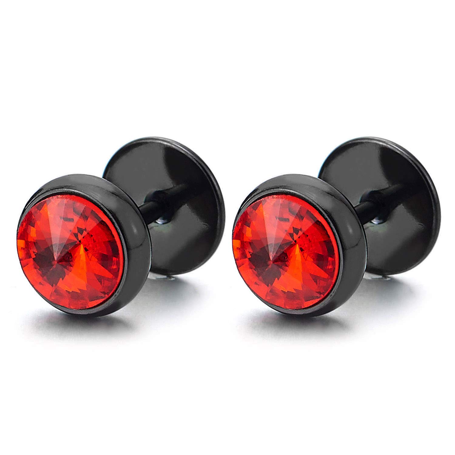 2 Black Earrings with Blue Cubic Zirconia 6 mm – Fake Cheater Gauge Plug Steel, Stone Metal Alloy Steel