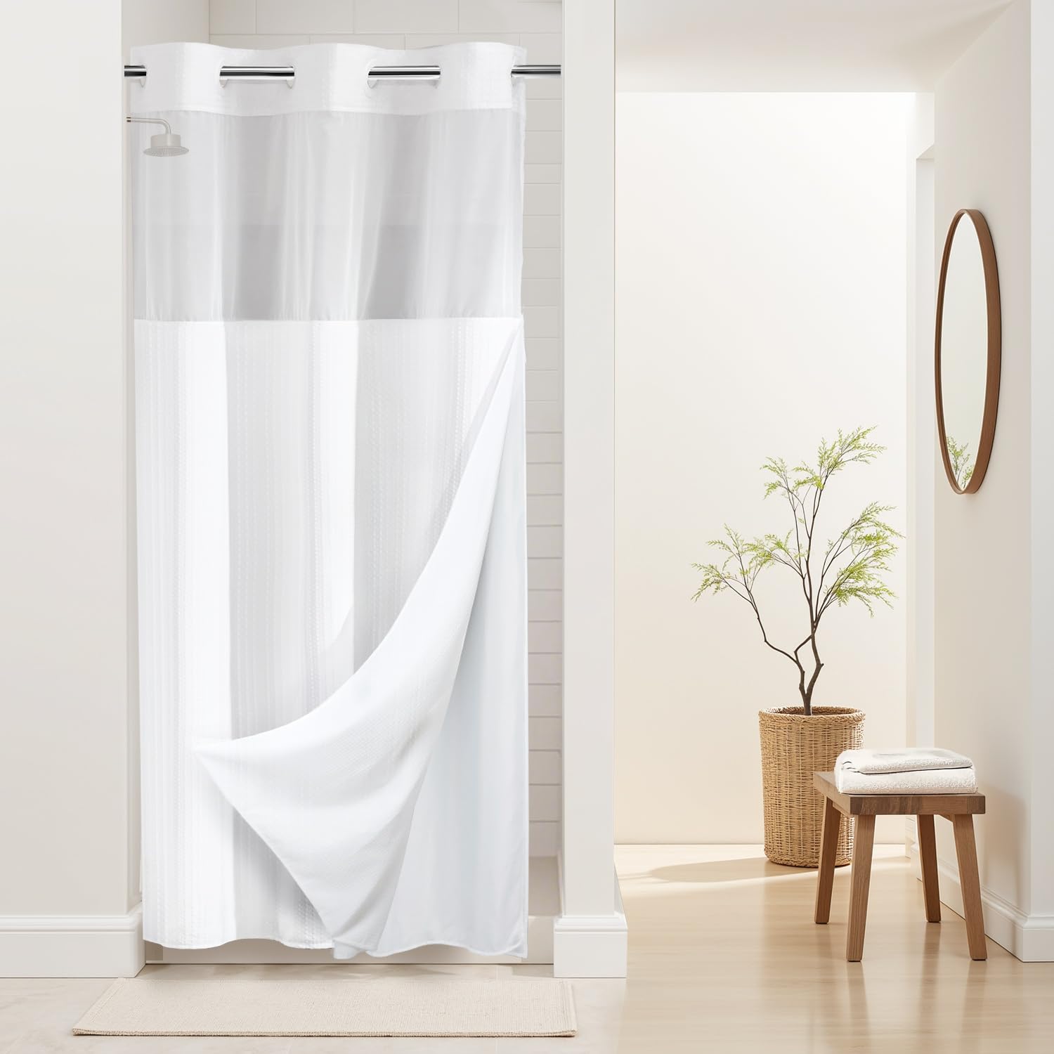 Photo 1 of  * similar item* River Dream Stall Heavyweight No Hooks Required Dotted Waffle Weave Shower Curtain with Snap in Liner - 36W x 74H,Hotel Grade,Spa Like Bath Curtain,White