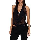 Women Sexy Cowl Neck Backless Top Y2k Plunge Halter Draped Front Open Back Hardware Ruched Vest Nightout Party Clubwear