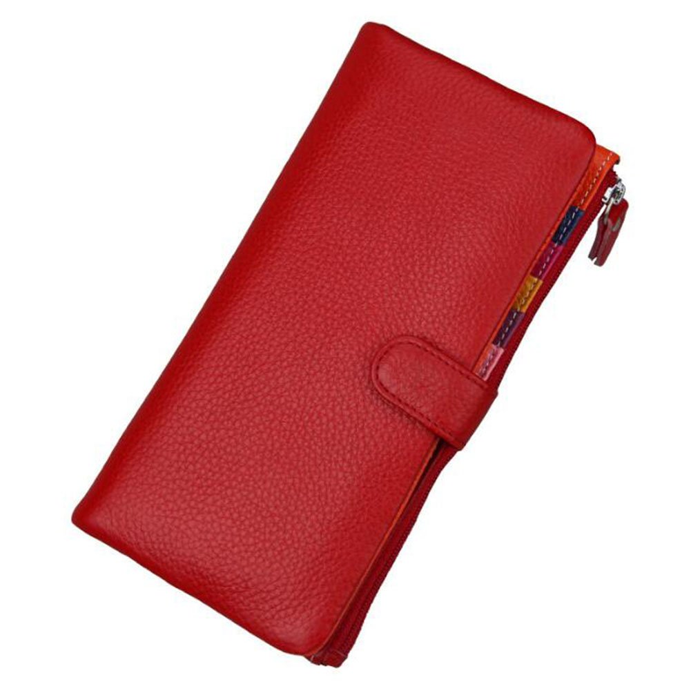 AprinCtempsD Women's Wallet Genuine Leather Ladies Clutch Colorful Purse Long Credit Card Organizer Large Capacity with Zipper (Red)