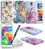 ColorYourLife S5 mini Gel Case Bundle - 3 Colorful Rubberized Flexible TPU Cases Covers Skins with Screen Protector for Samsung Galaxy S5 mini + Stylus Pen + Microfiber Cleaning Cloth (Flower pattern)