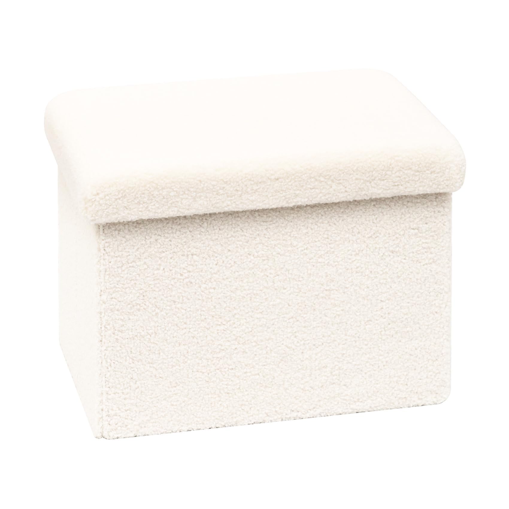 Bonlife Boucle Ottoman Seat with Storage,Folding Small Footstool for Living Room,Cube Toy Chest Box,Foot Rest,White,42x32x32cm