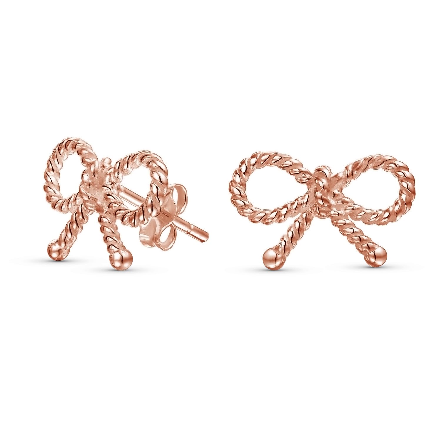 Simple Dainty Twist Rope Cable Ribbon Birthday Present Bow Stud Earrings For Women Teens Rose Gold Plated .925 Sterling Silver