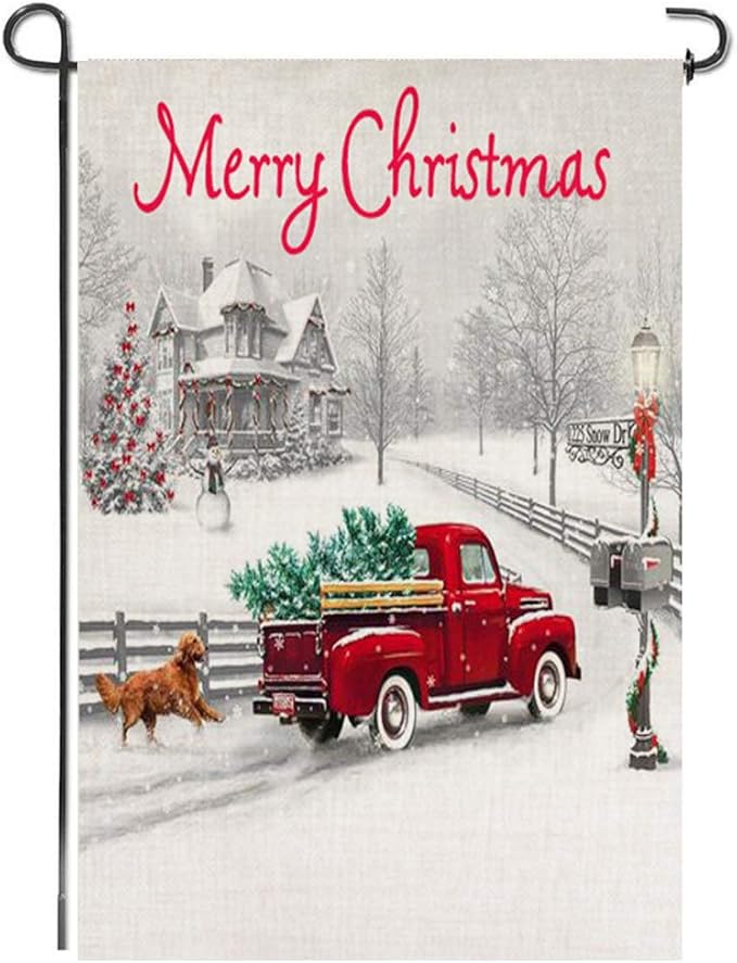 Merry Christmas Garden Flag, Red Truck Tree Dog Snow