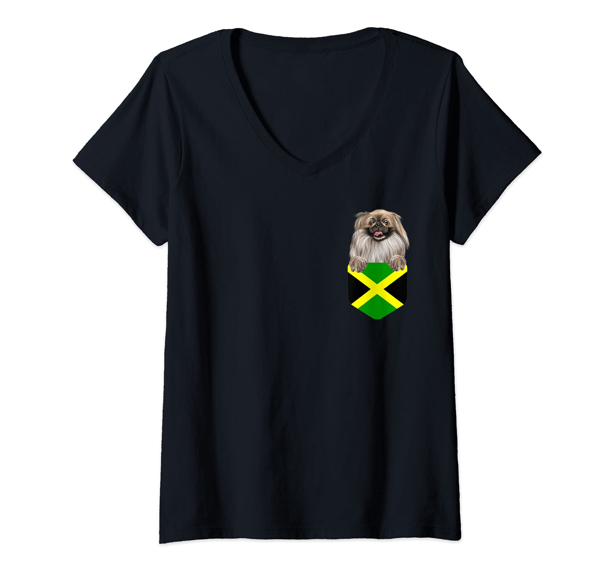 Womens Jamaica Flag Pekingese Dog In Pocket V-Neck T-Shirt