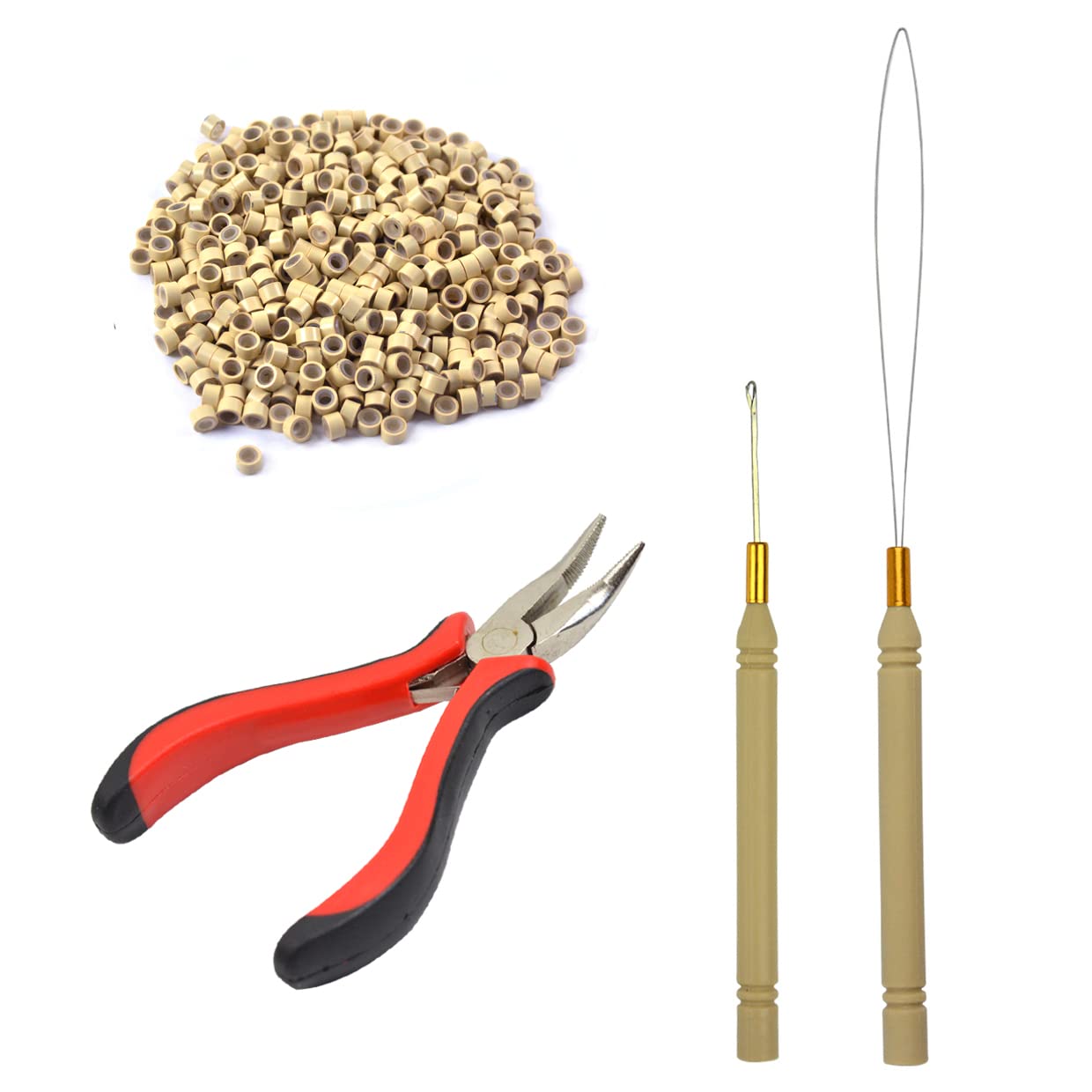 Hair Extensions Pliers Tool Kit I-tip Hair Pliers Pulling Hook Bead Device Tool Kits and 500 pcs 5mm Silicone Lined Micro Rings (Blonde)