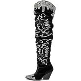 Cape Robbin Women's Rhinestone Embroidered Cowboy Boots Thigh High Slouchy Wide Calf Pull On Over The Knee Boots with Memory Foam Insole & 3 Inch Heel (Lish.a)