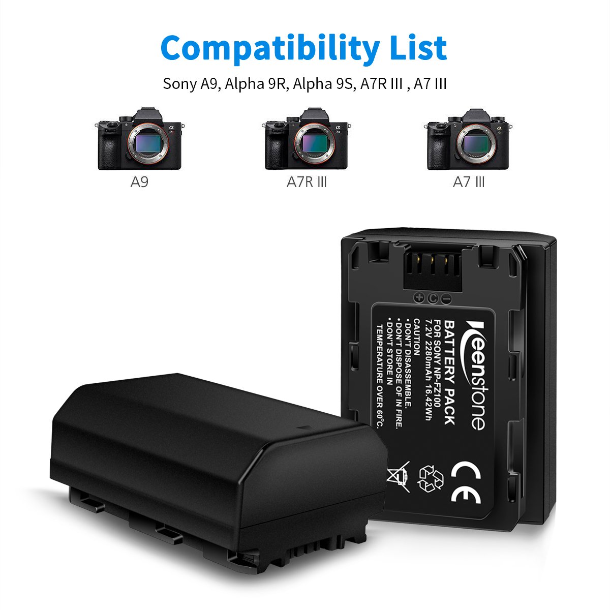NP FZ100 Rechargeable Battery, Keenstone 7.2V 2000mAh 14.4wh Camera Battery with Rapid Dual USB Battery Charger for Sony A9,Alpha 9R,Alpha 9S,A7R III,A7 III Camera