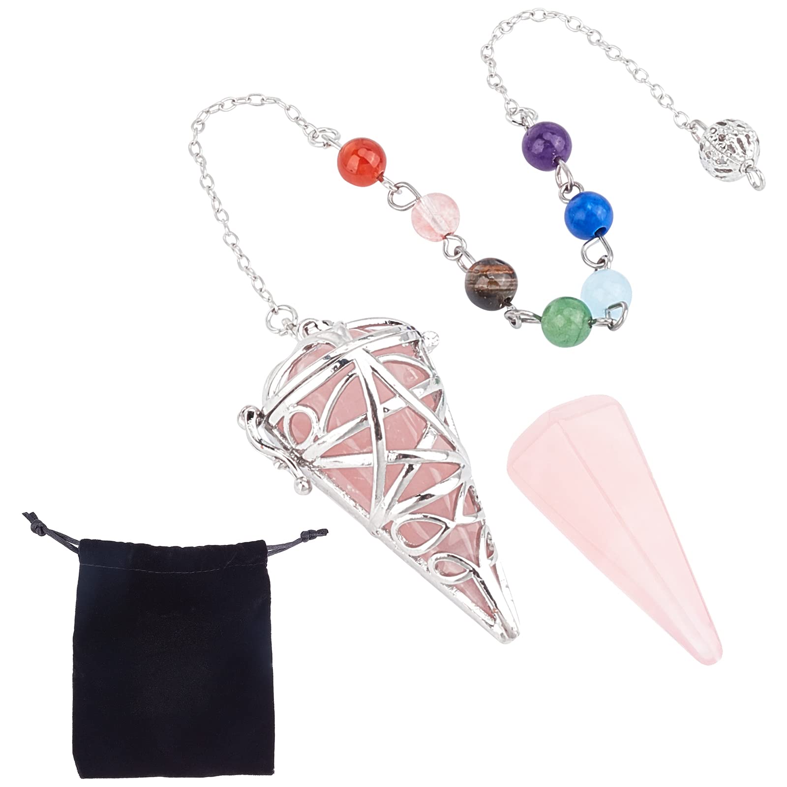 SUNNYCLUE 7 Chakra Reiki Hexagonal Gemstone Rose Quartz Crystal Dowsing Pendulum Chakra Reiki Healing Pendants Silver Locket Pendant Pendulum for Divination Scrying Healing