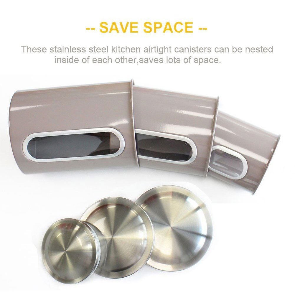 Kitchen Canisters Set,3 Piece Stainless Steel Canister Set,Nested Food Storage Canisters with Airtight Lids and Clear Windows,Red