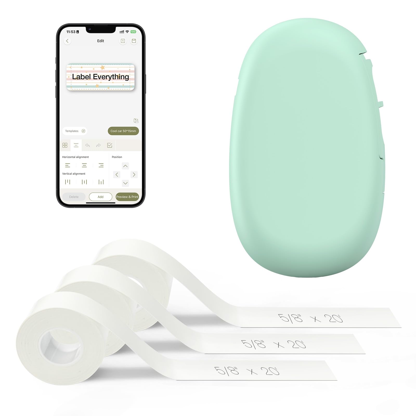 Photo 1 of SUPVAN E10 Bluetooth Label Maker Machine with 3 Tapes, Continuous Waterproof Label, Versatile App with 35 Fonts and 1k+ Icons, Inkless Labeler for Home, Kitchen, School, Office Organization, Green