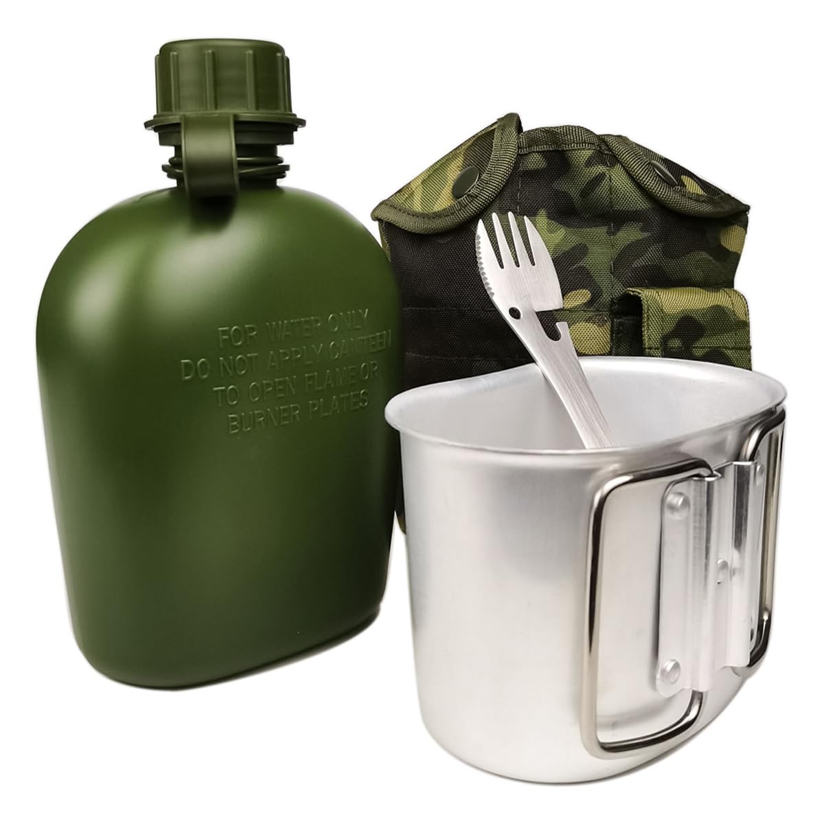 Hsthe Sea Army Water Bottle, 1L Plastic, Green, Military, Fired Heating, Includes Cup and Spork, Perfect for Hiking, Camping, Hunting, Tactical Training, Police Fire & Rescue Use