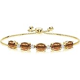 Gem Stone King 6.51 Ct Oval Brown Tiger Eye White Diamond 18K Yellow Gold Plated Silver Bracelet For Women