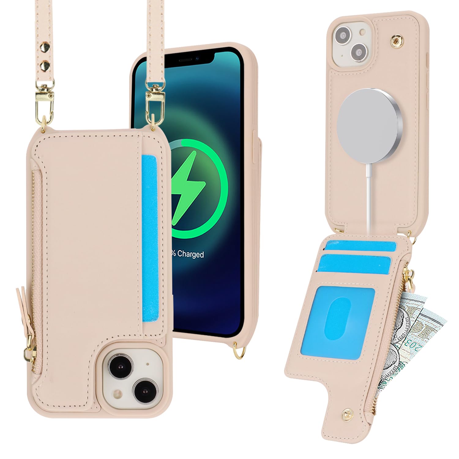 Cavor for iPhone 14 Wallet Case with Card Holder for Women,Compatible with Magsafe,for iPhone 14 Crossbody Phone Case with Strap,Leather Magnetic Zipper Cover-Beige
