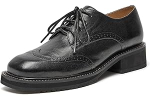BEAU TODAY Oxford Shoes for Women,Leather Brogue Dress Shoes,Comfort Brethable Ladies Lace-up Handmade Wingtip Shoes for Business Work Black-White-New US 5.5