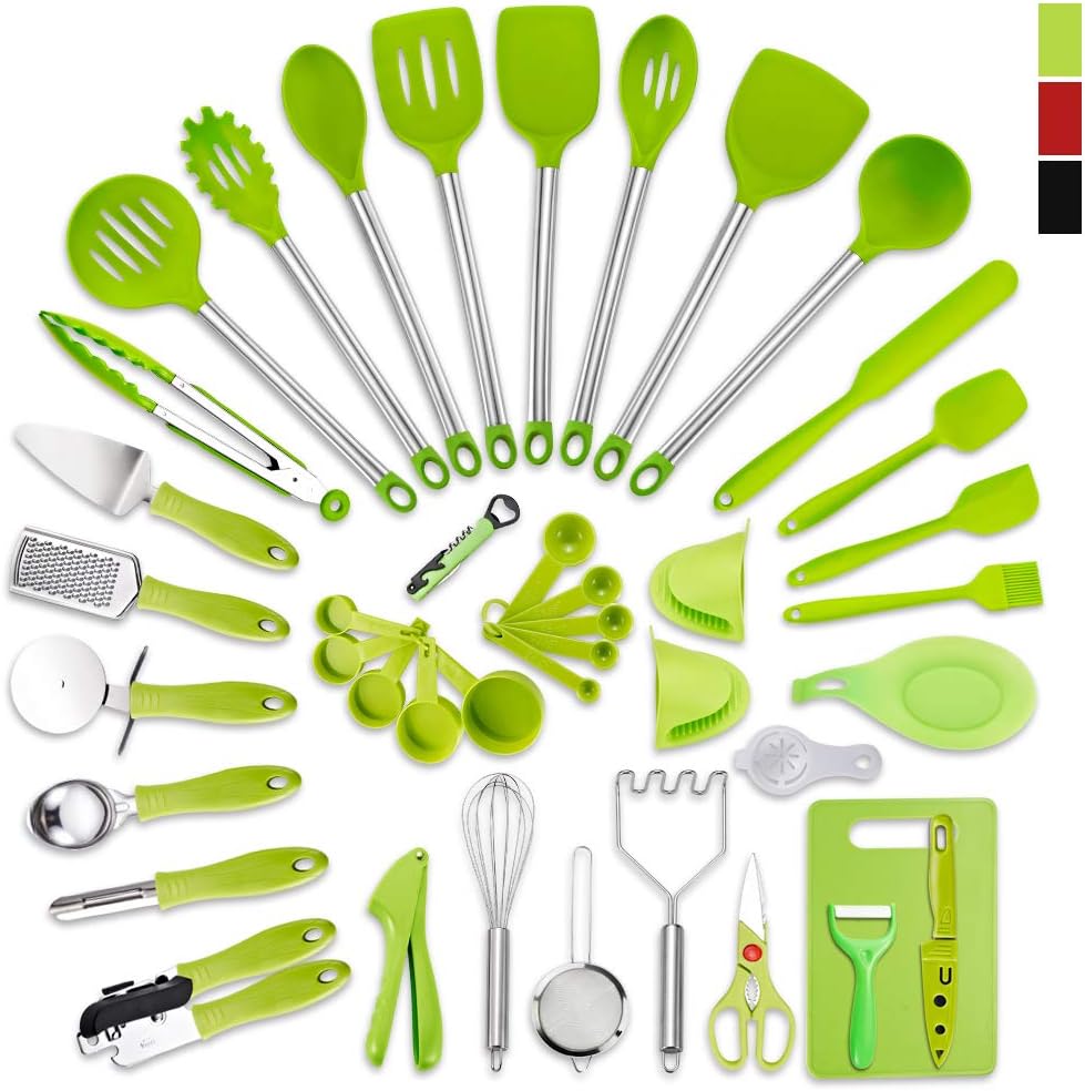 Factory Direct And Quick Delivery 42pcs Kitchen Utensils Set Heat Resistant Kitchen Accessories Non Stick Cooking Utensils Baking Tools Tongs Turner Spatula Ladle Whisk Shovel Spoon Soup Kitchenware Green Veica Fashionable 51 79 51 52