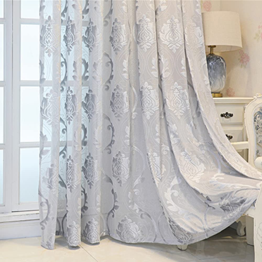 Amidoudou 1 Pair European Jacquard Hollowed-Out Gauze Tulle Curtains Living Room Bedroom Sheer Curtains (Gray,66 x 90 Inch)