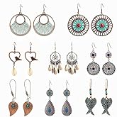 Magnoloran 8 Pairs Bohemian Earrings for Women Vintage Boho Dangle Drop Earrings Geometric Teardrop Earring Retro Metal Hollow Hoop Earrings Ethnic Style Jewelry Earrings Set