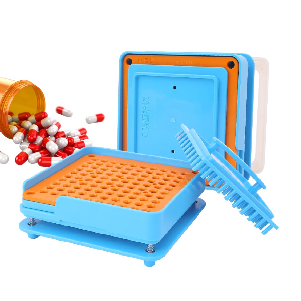 100 Holes (0#) Capsule Holder Tray with Spreader Second Generation Filling Machine Tool Gelatin Veggie Capsules For Vitamins, Coffee Powder Herbs (Blue)
