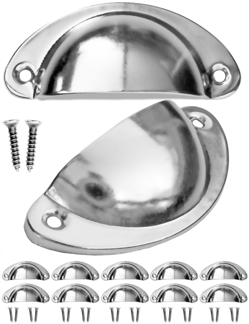 FUXXER® - 10 x Antique Drawer Handles Handle Shells Retro Design, Handle Cups, Furniture Handles for Sliders Buffets Dressers Country House Style, Chrome, Silver, Chrome, Set of 10
