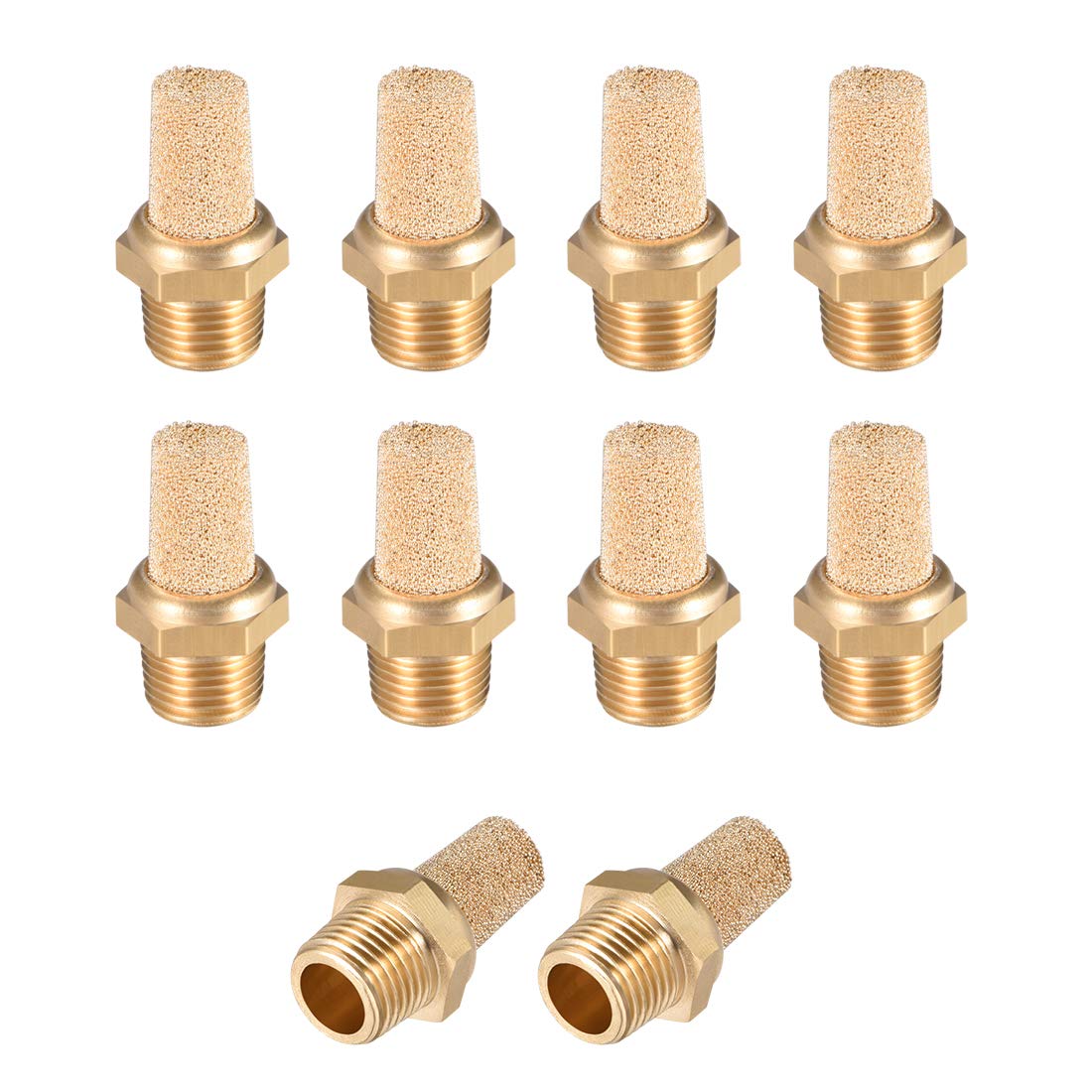 sourcing map Brass Exhaust Muffler, G1/8 Male Thread 15/32" Hex Sintered Air Pneumatic Bronze Muffler with Brass Body Protruding 10pcs