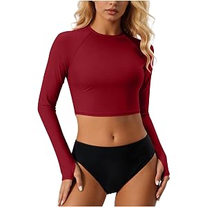 Women Crop Rash Guard Swim Shirt UPF 50+ Long Sleeve Crew Neck Surf Top with Thumb Holes for Beach Pool Vacation