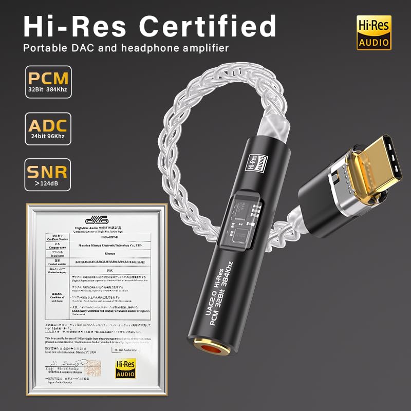 USB C to 3.5mm Audio Adapter with Dual Chip CX31993 MAX97220 DAC & HiFi Amplifier, 8-Strand 4N Single Crystal Silver-Plated Copper Cable,USBC to Headphones Aux Dongle for Android iPhone PC Mac (Black)