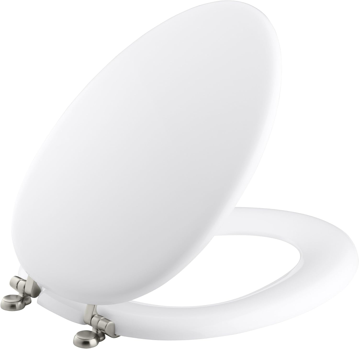 KOHLER K4701Bn0 Kathryn Elongated Toilet Seat with Vibrant Brushed Nickel Hinges, White