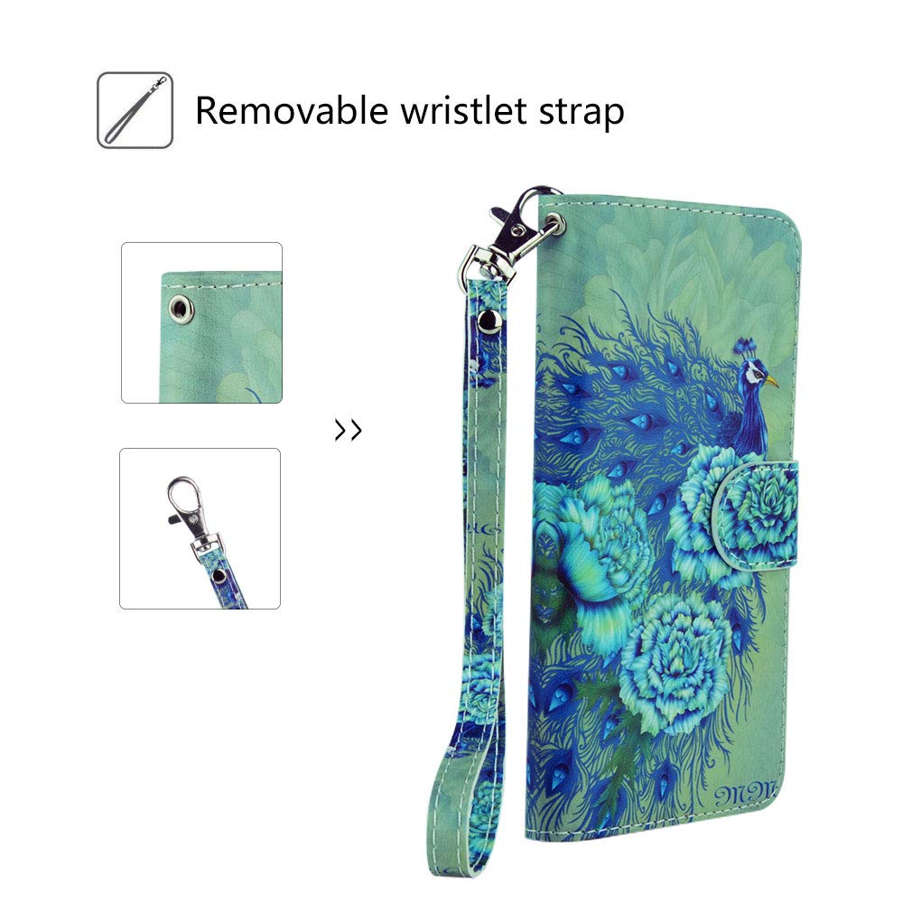 Urbeutyke Huawei Mate 20 Wallet Case, Huawei Mate 20 Case, Premium PU Leather Flip Folio Case Cover with Wrist Strap, Card Holder, Cash Pocket, Kickstand for Huawei Mate 20 - Green Peacock