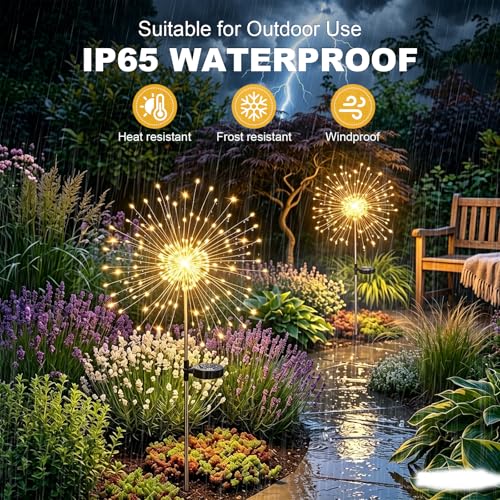 Solar Lights 120 LED Outdoor Garden Decoration, Solar Fireworks Lamps, Warm White, Waterproof Decorative Solar Light for Night Patio Balcony Sidewalks Pathway Landscape, 2 Pieces