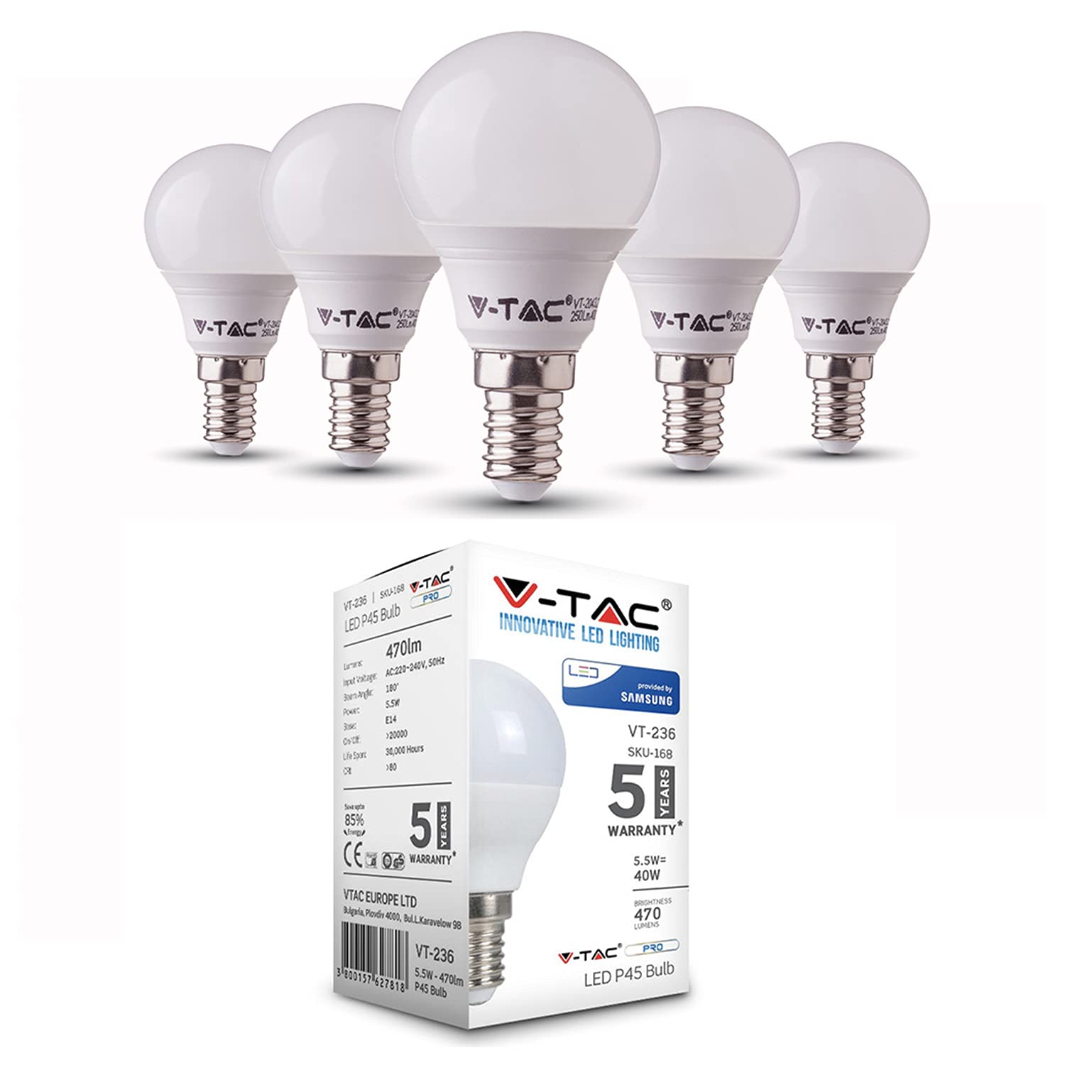 VTAC E14 LED Light Bulb, Small Screw Light Bulb, 5.5W 470lm, 40W Equivalent SES, Warm White 3000K Golf Ball, Energy Saving LED P45 Bulb, 220-240V, Non-Dimmable, Pack of 5