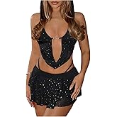 SweatyRocks Women's Y2K Two Piece Skirt Sets Sexy Mesh Halter Going Out Top Hooded and Mini Skirt