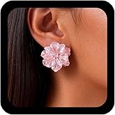 Yheakne Vintage Acrylic Flower Earrings Pink Flower Stud Earrings Resin Floral Petal Earrings Pink Camellia Earrings Jewelry for Women