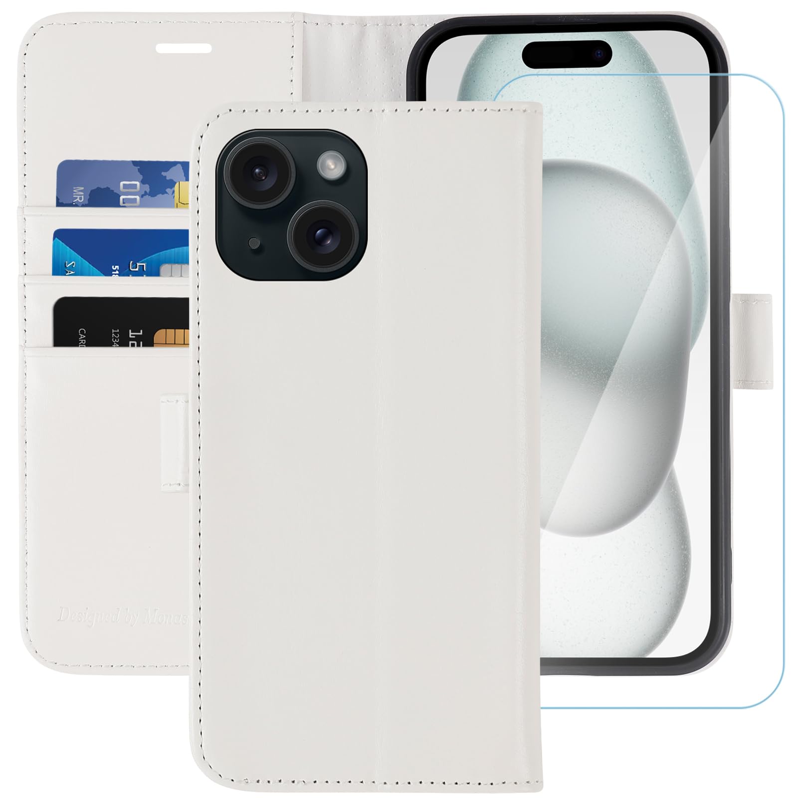 MONASAY for iPhone 15/14 Plus 5G Wallet Case, 6.7-inch [Glass Screen Protector Included] [RFID Blocking] Flip Folio Leather Cell Phone Cover with Credit Card Holder, White